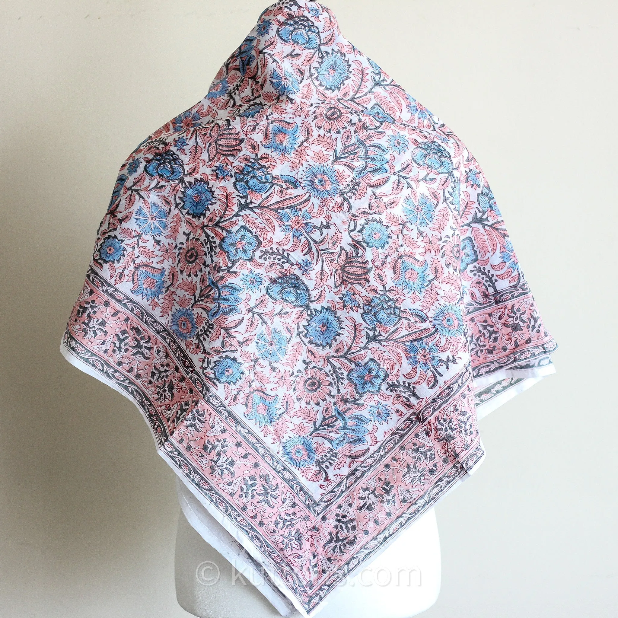 Sanganeri Hand-Block Printed Cotton Bandana - Soft, Lightweight, Airy | Pink, 42x40"