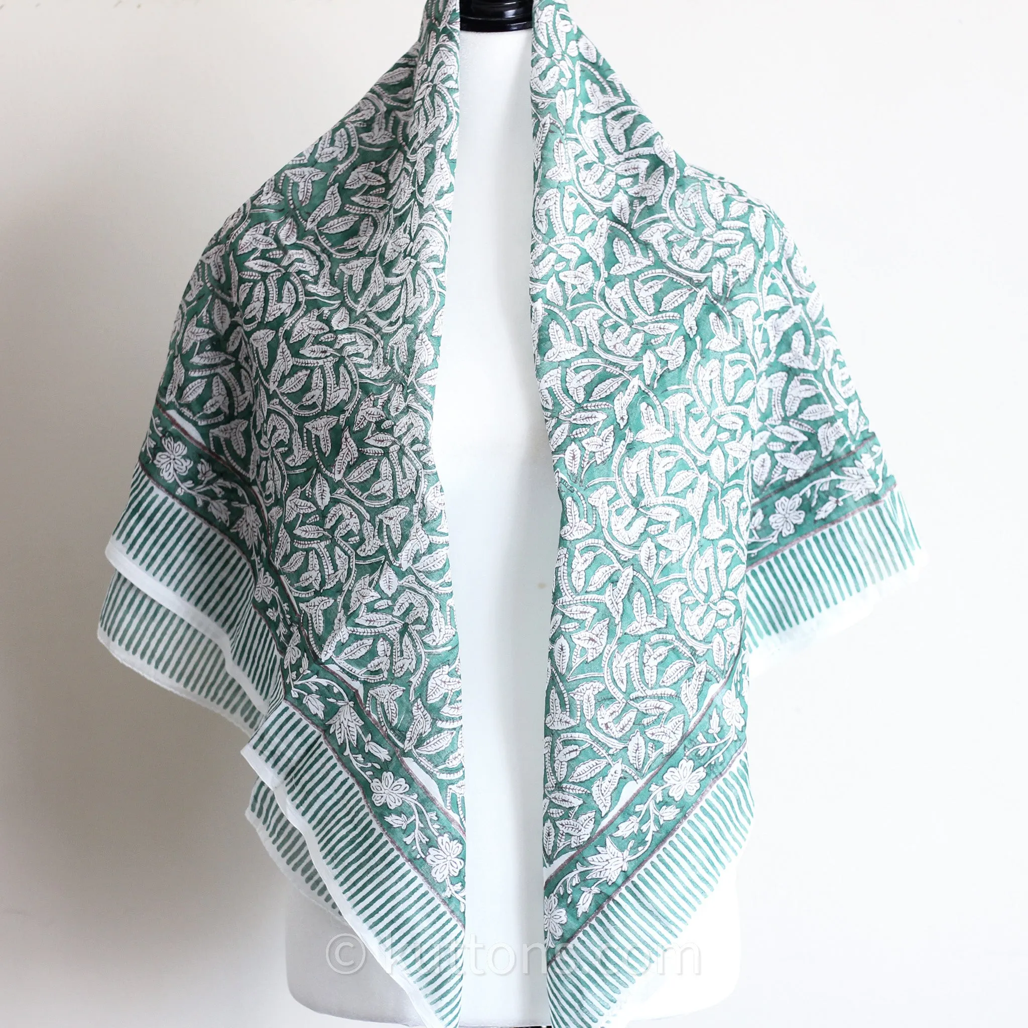 Sanganeri Hand-Block Printed Mul Cotton Bandana - Soft, Lightweight, Airy Scarf | Green, 46x42"