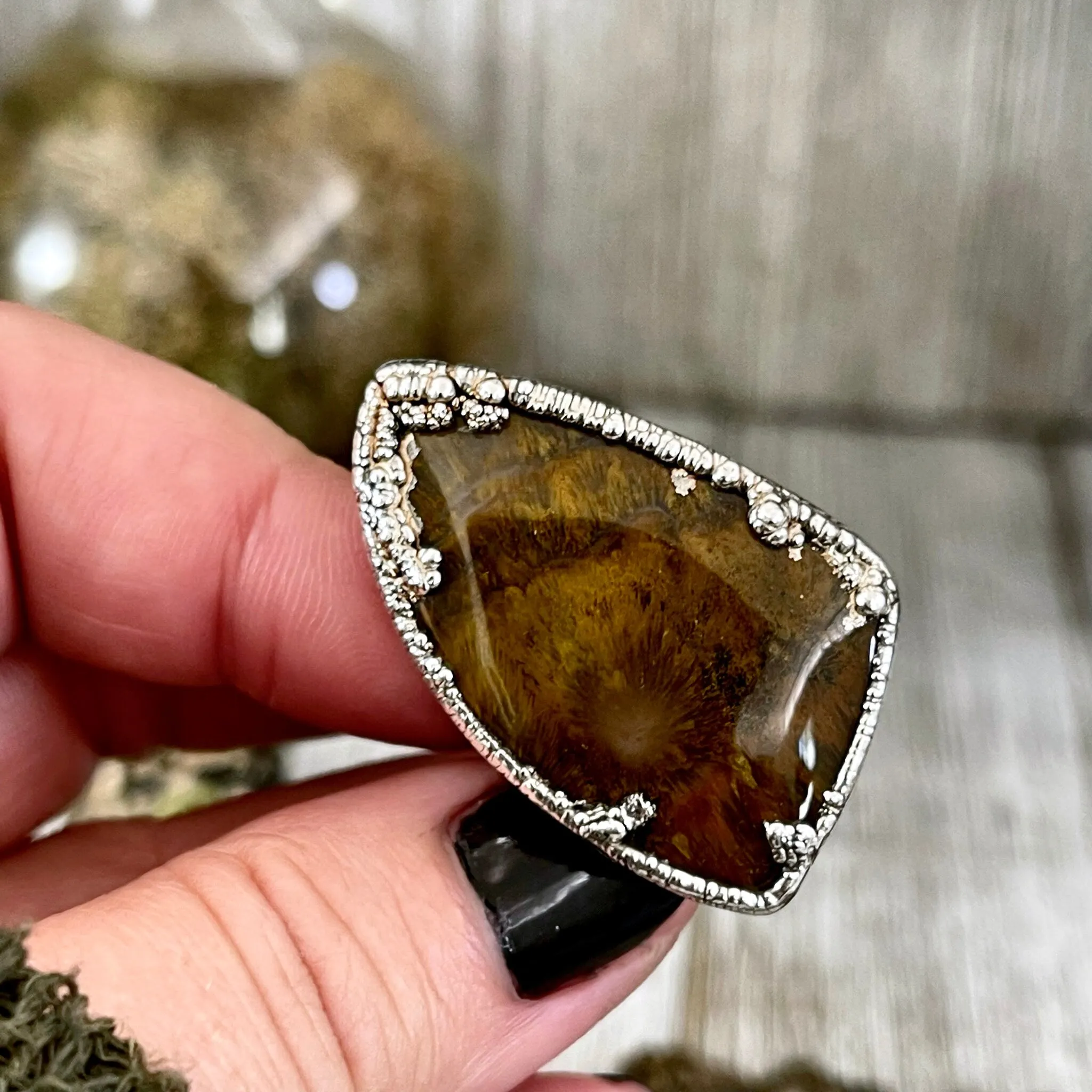 Size 7 Silver Natural Fancy Moss Agate Crystal Statement Ring / Foxlark Collection - One of a Kind