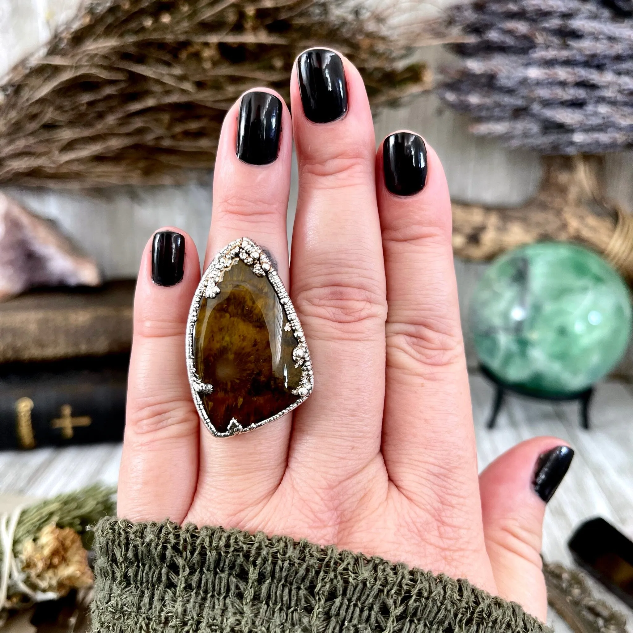 Size 7 Silver Natural Fancy Moss Agate Crystal Statement Ring / Foxlark Collection - One of a Kind