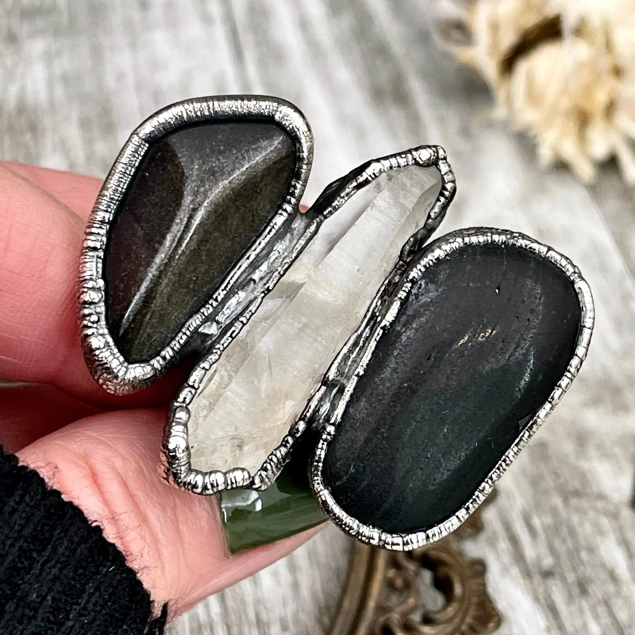 Size 9 Crystal Ring - Three Stone River Rock Raw Quartz Golden Sheen Obsidian Ring in Silver / Foxlark Collection - One of a Kind Jewelry