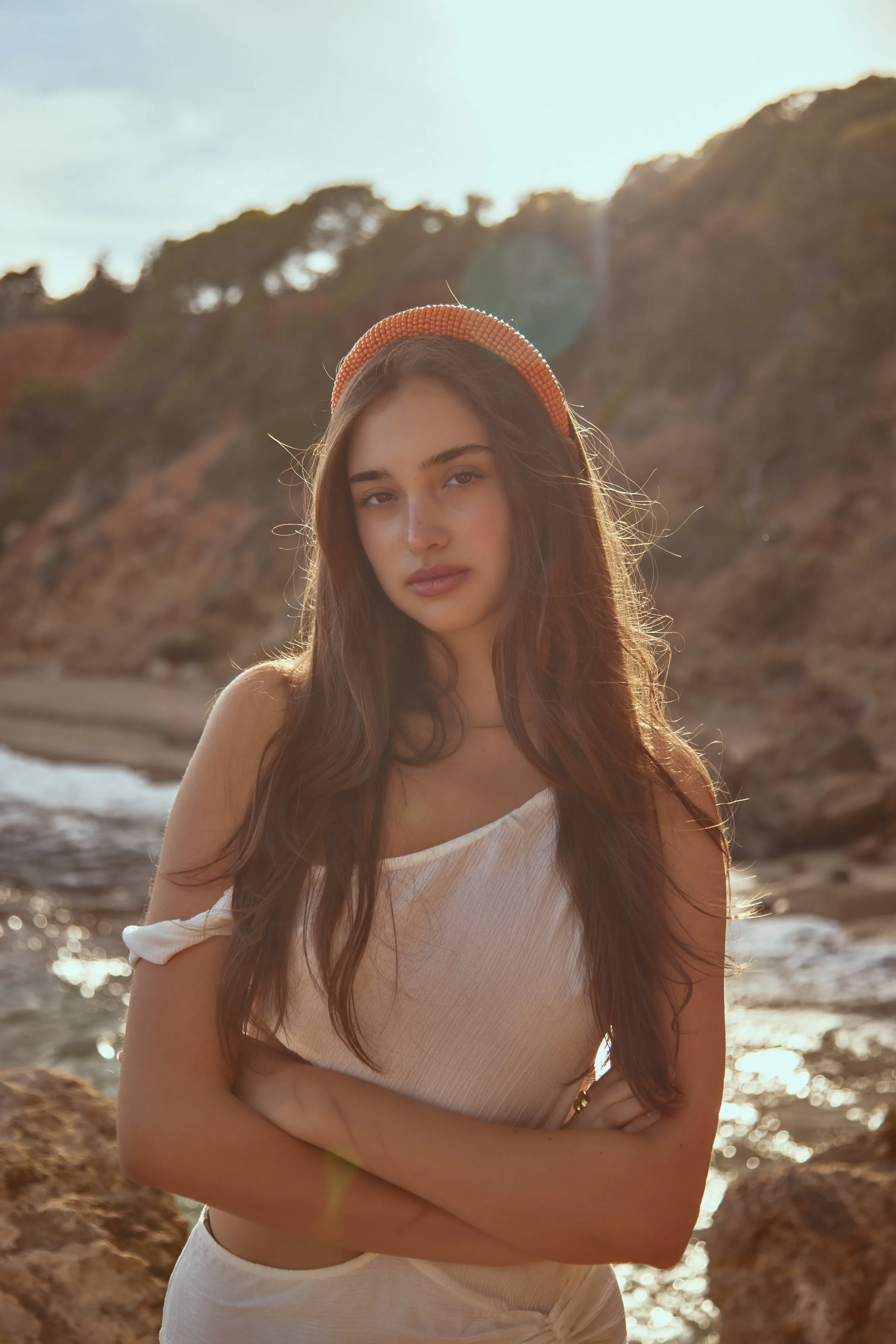 Solid Beaded Headband in Orange