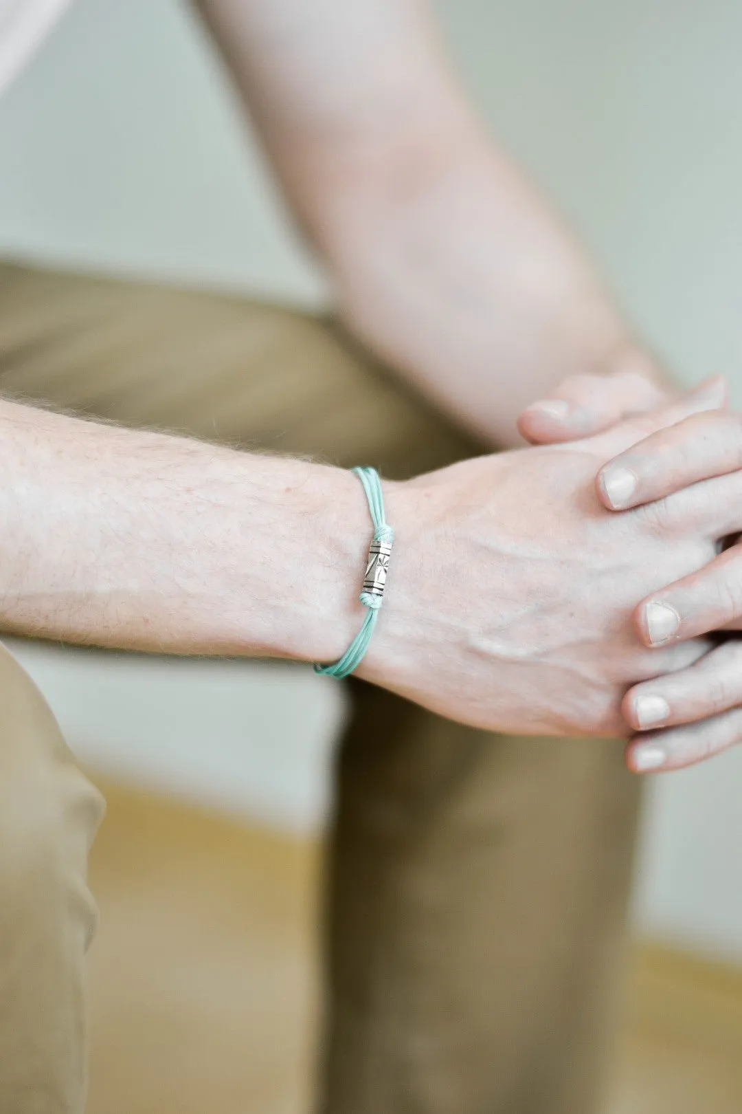 Turquoise cord bracelet for men, silver tube charm for him