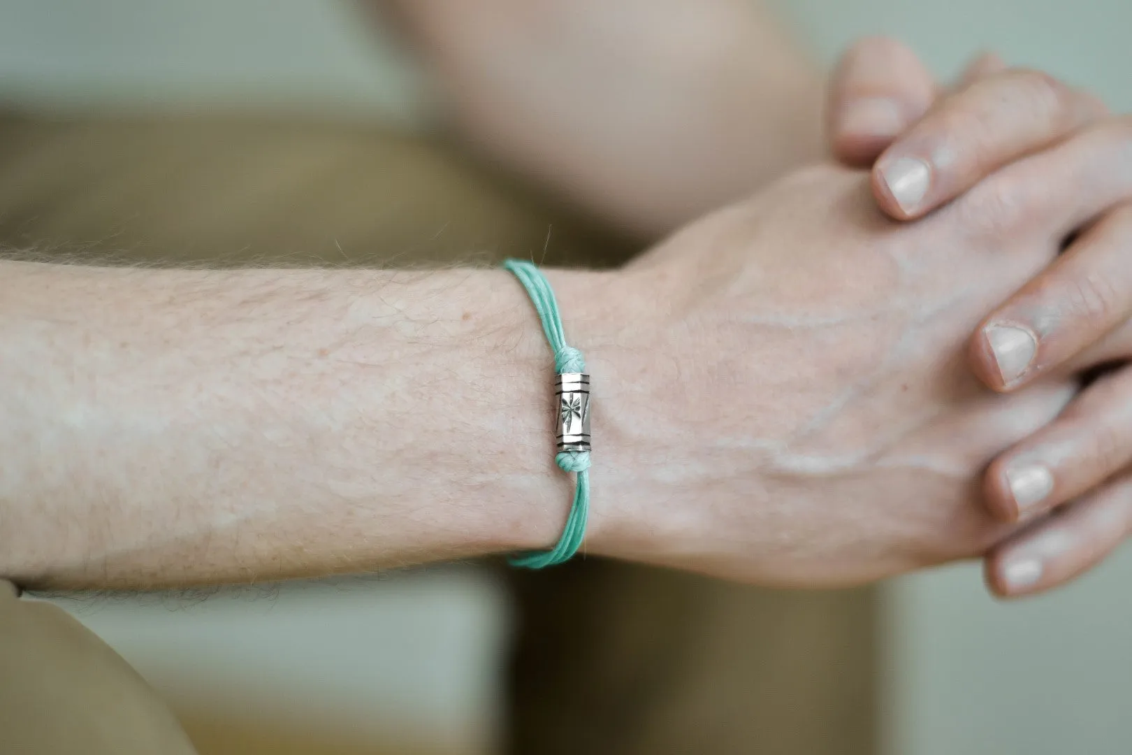 Turquoise cord bracelet for men, silver tube charm for him