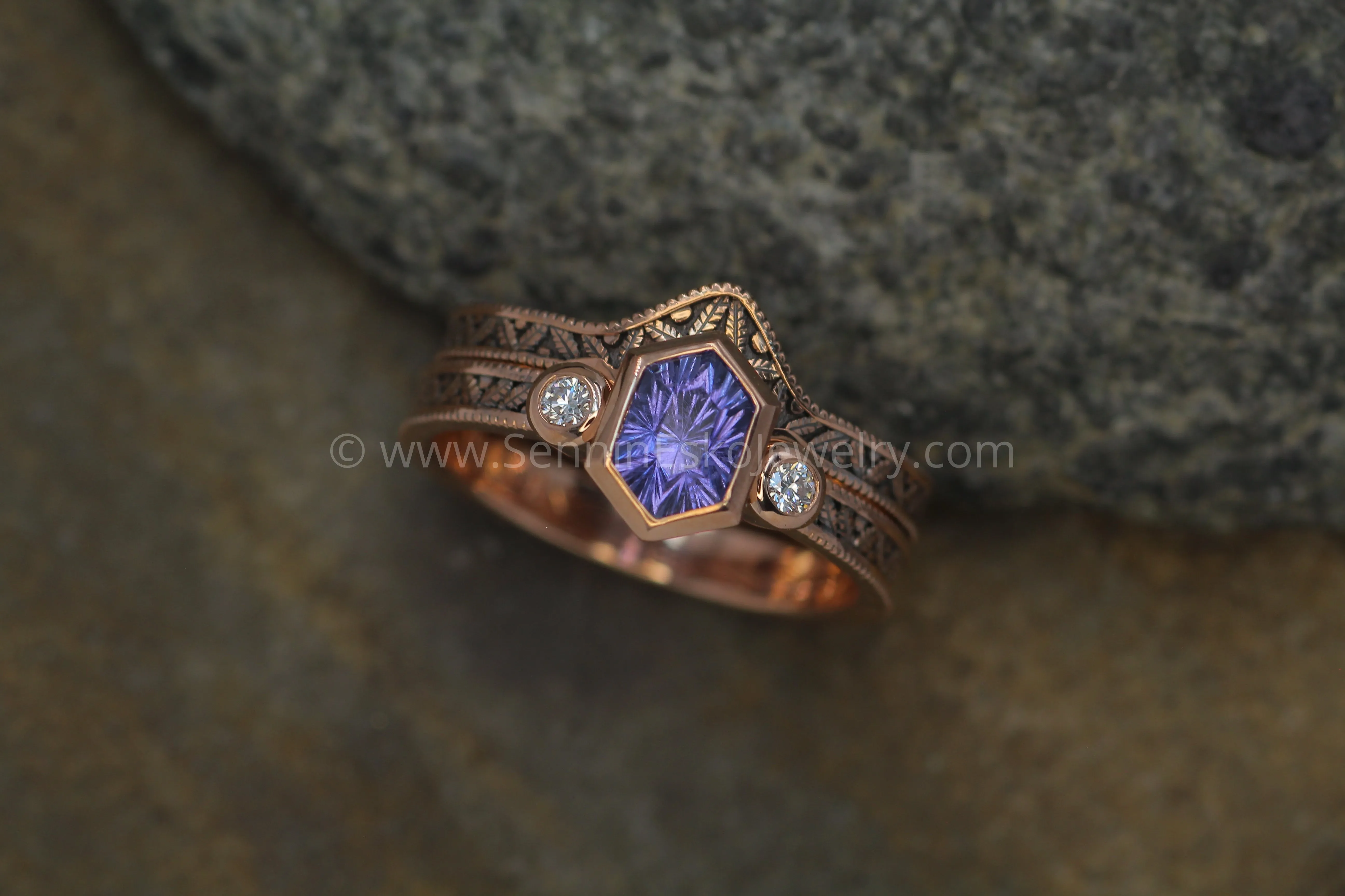 Vintage Inspired Leaf Multi Bezel Ring Set - Depicted with a Purple Sapphire (Setting Only, Center Stone Sold Separately)