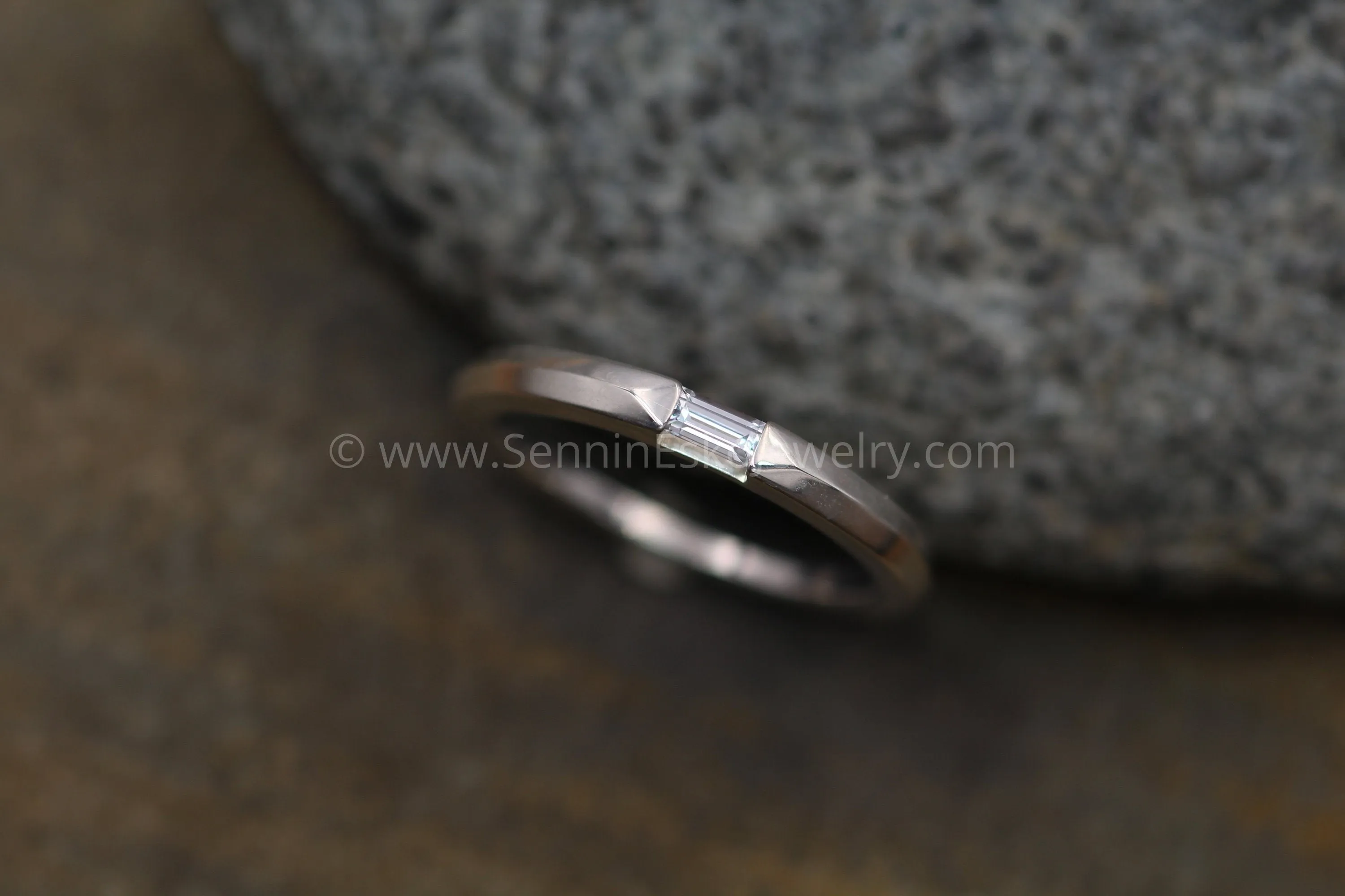 White Sapphire Channel Baguette Knife Edge Ring - Dainty Glossy Finish Ring - Knife Edge