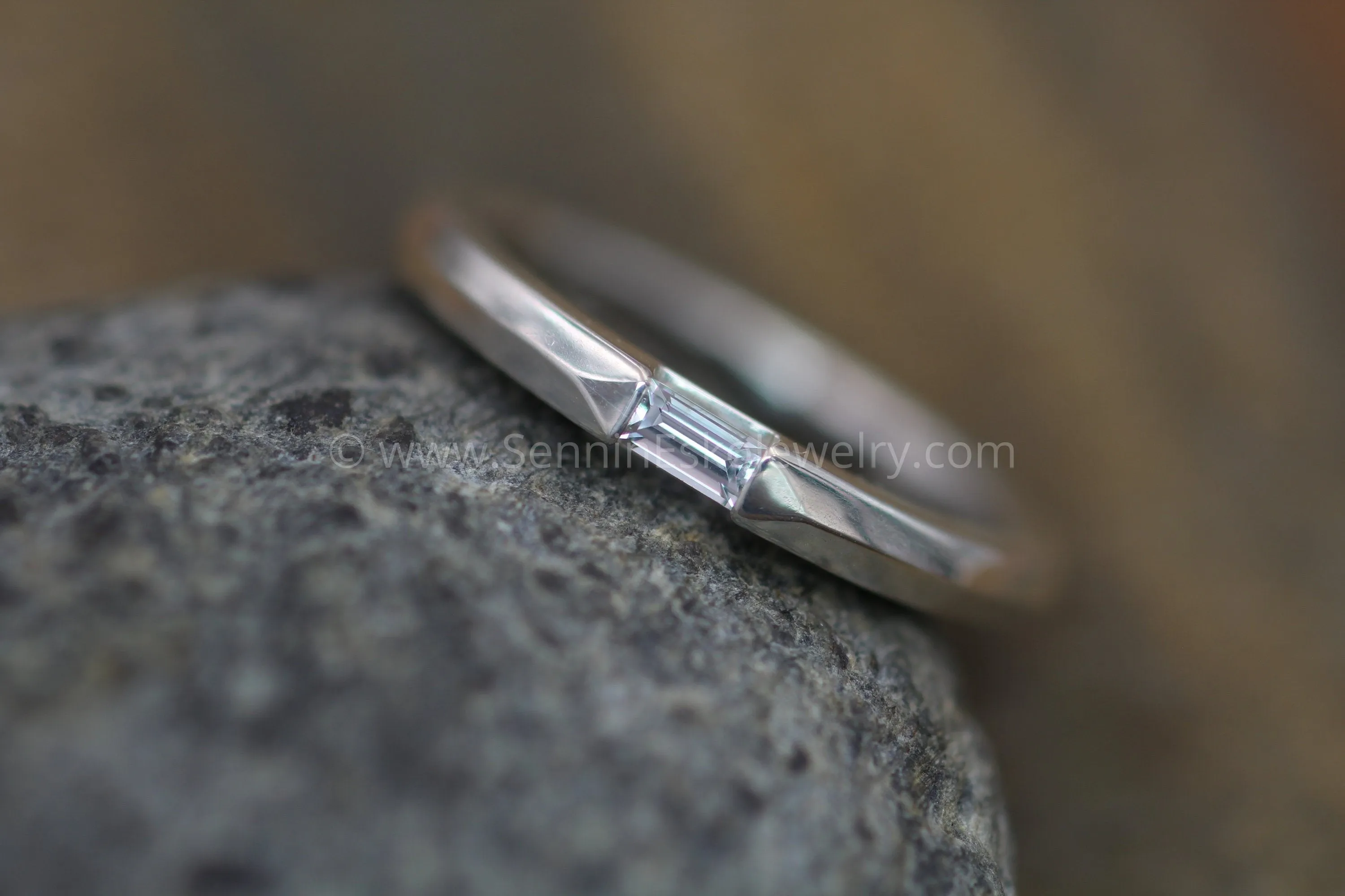 White Sapphire Channel Baguette Knife Edge Ring - Dainty Glossy Finish Ring - Knife Edge