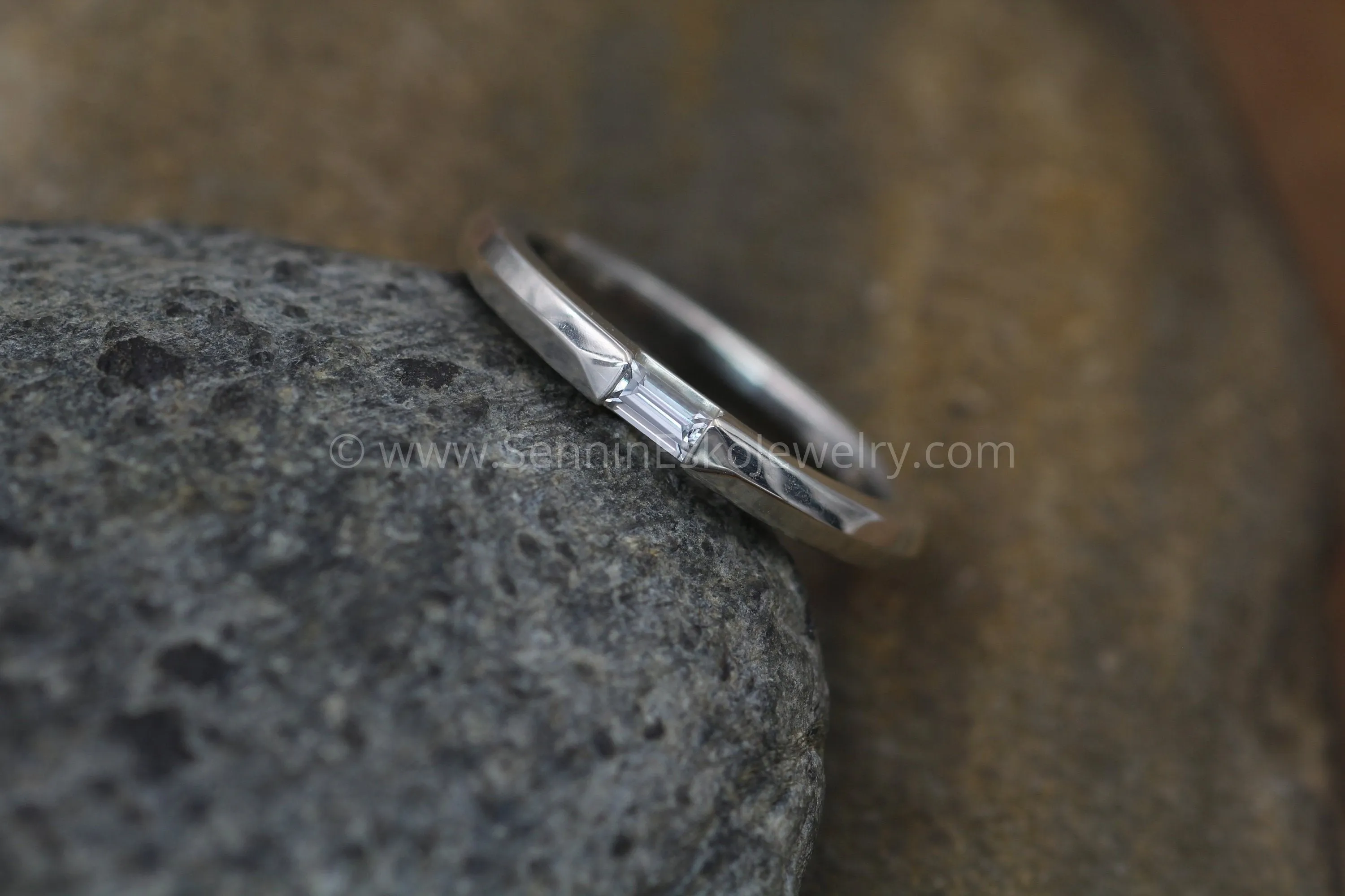 White Sapphire Channel Baguette Knife Edge Ring - Dainty Glossy Finish Ring - Knife Edge