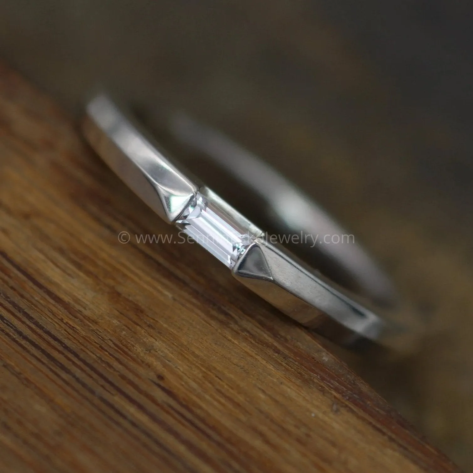 White Sapphire Channel Baguette Knife Edge Ring - Dainty Glossy Finish Ring - Knife Edge